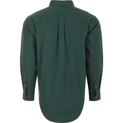 A green houndstooth shirt with buttons, perfect for cool weather. Features a button-down collar, back box pleat, and chest pockets.