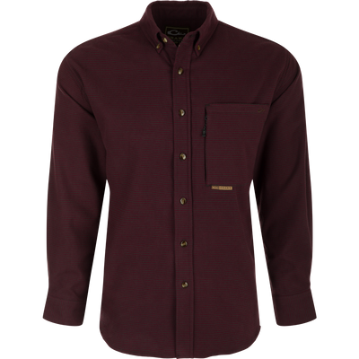 Autumn Brushed Twill Houndstooth Shirt: A long-sleeved shirt with a button-down collar, patch pocket, and hidden zippered chest pocket.