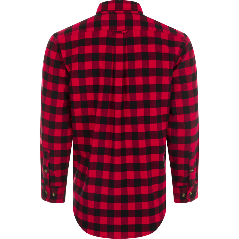Autumn Brushed Twill Buffalo Plaid Long Sleeve Shirt, a classic button-down collar shirt made of 100% brushed cotton twill. Features include a back pleat with locker loop, open patch left chest pocket, and hidden zippered vertical left chest pocket.