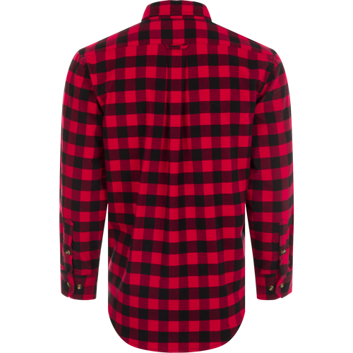 Autumn Brushed Twill Buffalo Plaid Long Sleeve Shirt, a classic button-down collar shirt made of 100% brushed cotton twill. Features include a back pleat with locker loop, open patch left chest pocket, and hidden zippered vertical left chest pocket.