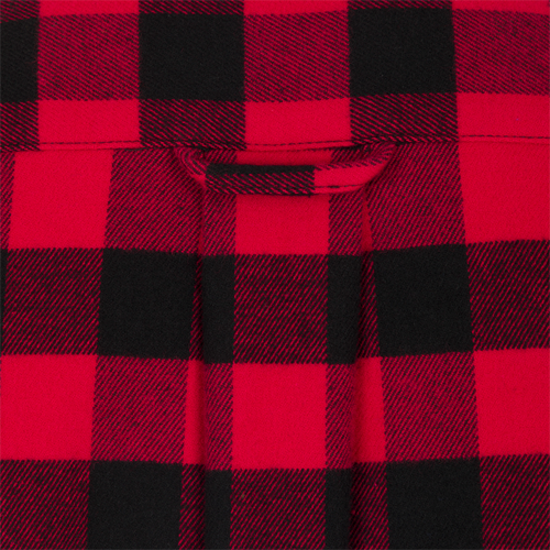 Autumn Brushed Twill Buffalo Plaid Long Sleeve Shirt, a close-up of a classic button-down collar shirt with patch and zippered chest pockets.