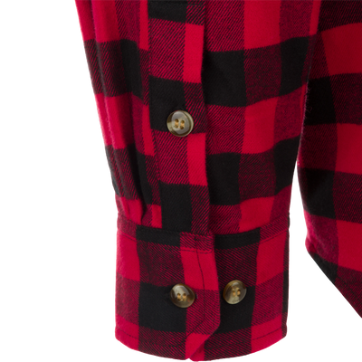 Autumn Brushed Twill Buffalo Plaid Long Sleeve Shirt, a close up of a red and black flannel shirt with button details.