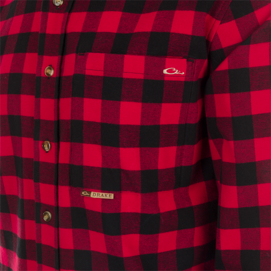 Autumn Brushed Twill Buffalo Plaid Long Sleeve Shirt - A classic button-down collar shirt with patch and zippered chest pockets.