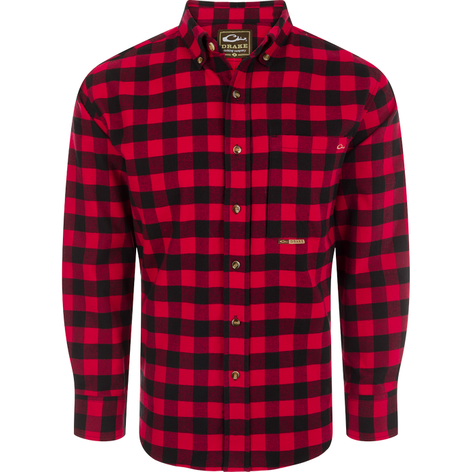 Autumn Brushed Twill Buffalo Plaid Shirt with classic collar, back pleat, and chest pockets. High-quality hunting gear and casual apparel.