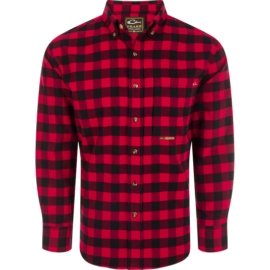 Autumn Brushed Twill Buffalo Plaid Shirt with classic collar, back pleat, and chest pockets. High-quality hunting gear and casual apparel.
