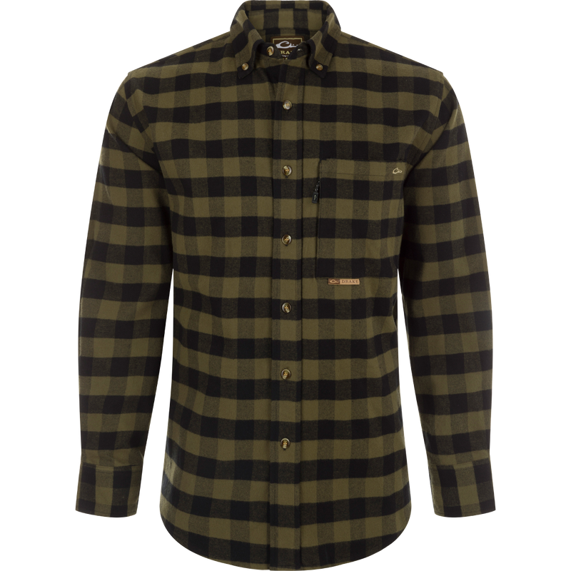 Autumn Brushed Twill Buffalo Plaid Shirt with classic collar, back pleat, and chest pockets.