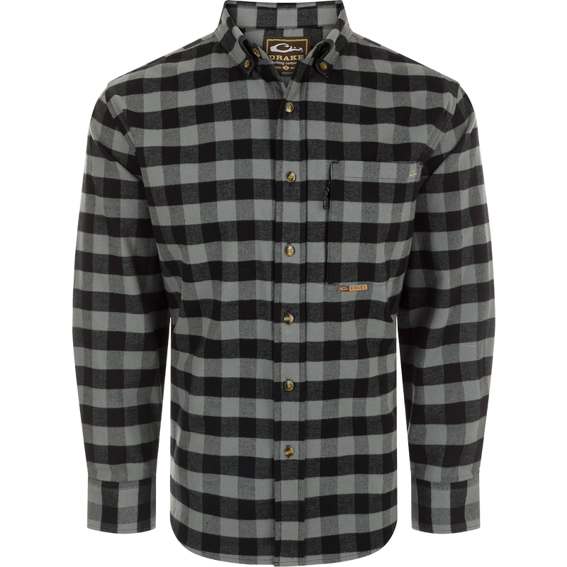 Autumn Brushed Twill Buffalo Plaid Long Sleeve Shirt with classic collar, back pleat, and chest pockets.