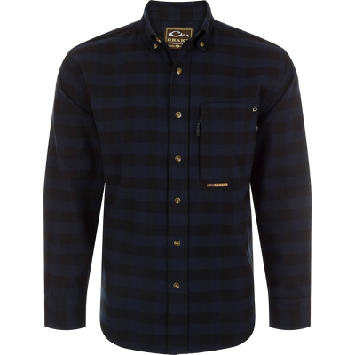 Autumn Brushed Twill Buffalo Plaid Long Sleeve Shirt with button-down collar, chest pockets, and hidden zipper.