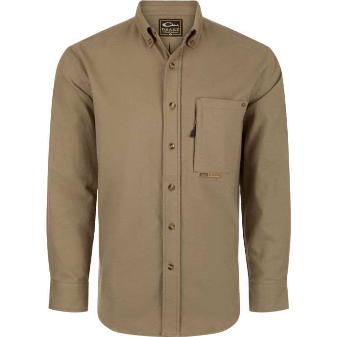 Autumn Brushed Twill Long Sleeve Shirt with button-down collar, back box pleat, and two pockets for storage. Lightweight and breathable 100% brushed cotton twill.
