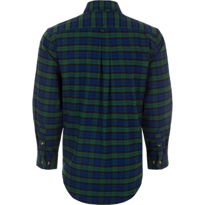 Autumn Brushed Twill Plaid Long Sleeve Shirt, a sophisticated midweight shirt with a classic button-down collar and traditional pleat. Features open and zippered chest pockets for valuables.
