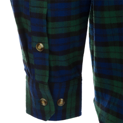 A close-up of the Autumn Brushed Twill Plaid Long Sleeve Shirt, showcasing its classic button-down collar, back box pleat, and chest pockets.