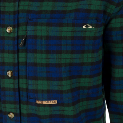 Autumn Brushed Twill Plaid Long Sleeve Shirt, close-up of shirt with button details and hidden zippered pocket.