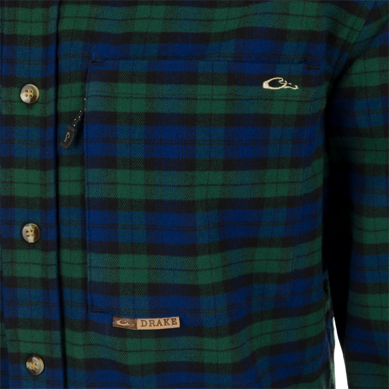 Autumn Brushed Twill Plaid Long Sleeve Shirt, close-up of shirt with button details and hidden zippered pocket.