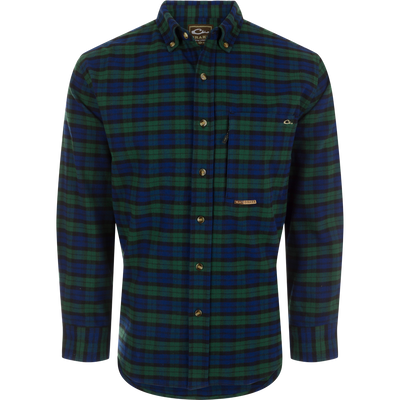 Autumn Brushed Twill Plaid Long Sleeve Shirt featuring classic collar, back box pleat, and chest pockets. Sophisticated and refined.