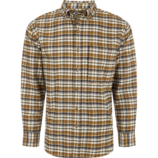 Autumn Brushed Twill Plaid Long Sleeve Shirt with buttons and pockets, crafted from 100% brushed cotton twill. Sophisticated and refined, perfect for any season.