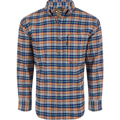 Autumn Brushed Twill Plaid Long Sleeve Shirt featuring classic collar, back box pleat, and chest pockets. Comfortable and refined.