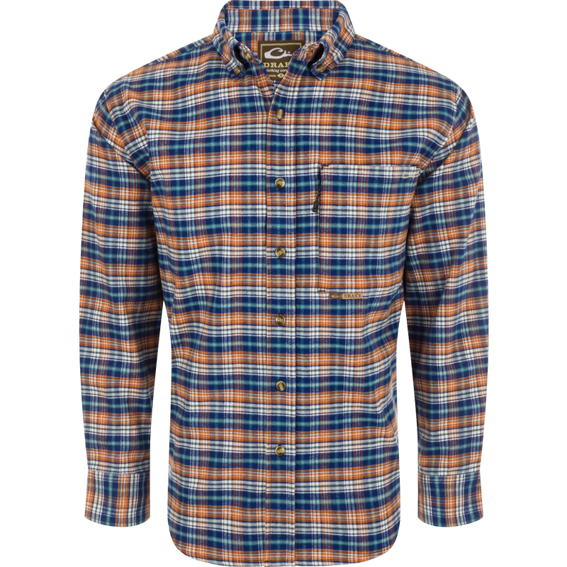 Autumn Brushed Twill Plaid Long Sleeve Shirt featuring classic collar, back box pleat, and chest pockets. Comfortable and refined.