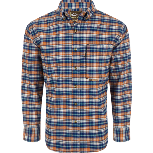 Autumn Brushed Twill Plaid Long Sleeve Shirt featuring classic collar, back box pleat, and chest pockets. Comfortable and refined.