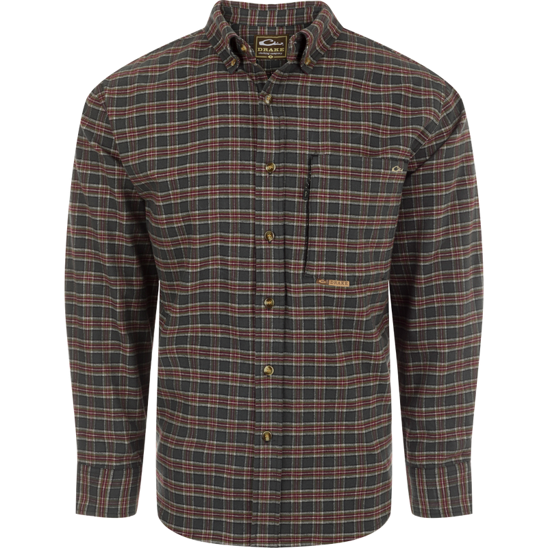 Autumn Brushed Twill Plaid Long Sleeve Shirt with classic collar, back box pleat, and chest pockets. Sophisticated and refined.