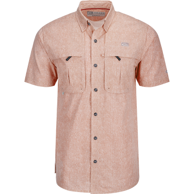 Close-up of the Drake Heritage Heather Button-Down Short Sleeve Shirt on a mannequin, showcasing its vented cape back, chest pockets, and micro mesh fabric.