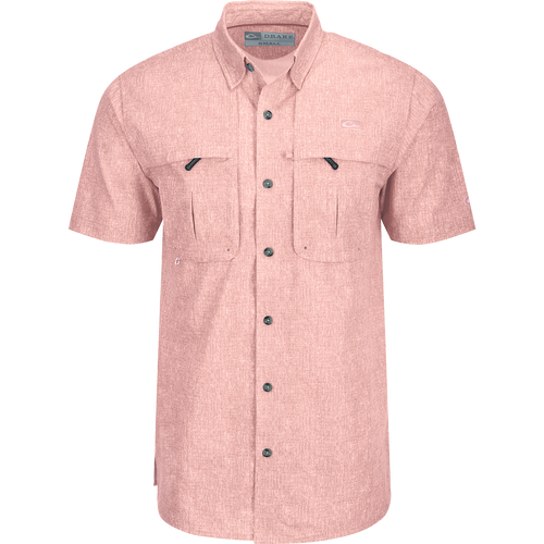 Heritage Heather Shirt S/S: A pink shirt with pockets, hidden button-down collar, and vented cape back for natural cooling and comfort.