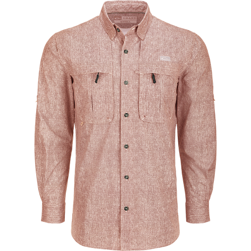 Heritage Heather Shirt L/S: Performance shirt with hidden button-down collar, mesh ventilation, chest pockets, and roll-up sleeves.