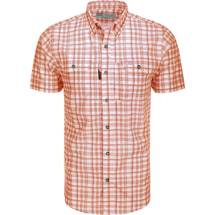 Hunter Creek Window Pane Plaid Shirt S/S: A lightweight, moisture-wicking shirt with hidden button-down collar, vented back, and chest pockets with zipper and Magnattach closure.