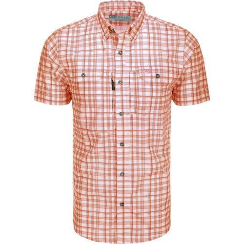 Hunter Creek Window Pane Plaid Shirt S/S: A lightweight, moisture-wicking shirt with hidden button-down collar, vented back, and chest pockets with zipper and Magnattach closure.