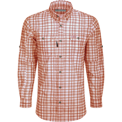 Hunter Creek Window Pane Plaid Shirt L/S: A lightweight, moisture-wicking shirt with hidden button-down collar, vented back, and chest pockets with closures.