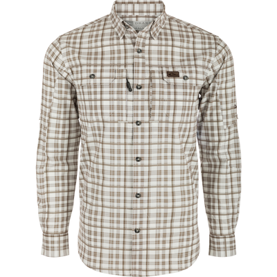 A high-performance Hunter Creek Window Pane Plaid Shirt L/S by Drake Waterfowl, featuring micro-mesh fabric for cooling, UPF30 sun protection, hidden collar, chest pockets, and sculpted hem with sunglass wipe.