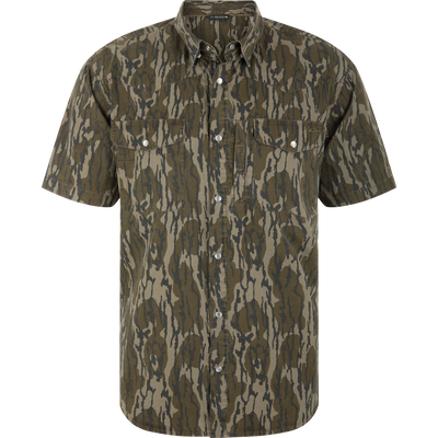 Cinco Ranch Western Acid Washed Short Sleeve Shirt with tiger-stripe camouflage, pointed collar, Western yokes, snap chest pockets, and vented back cape.