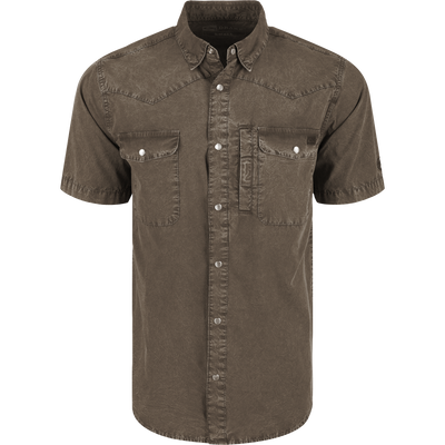 Cinco Ranch Western Acid Washed Short Sleeve Shirt with snap-front, two chest pockets, and vented back, blending rugged style with casual comfort.