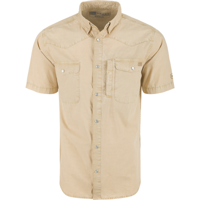Cinco Ranch Western Acid Washed Short Sleeve Shirt with faux pearl snaps, vented back, and hidden button-down collar, ideal for casual and hunting wear.