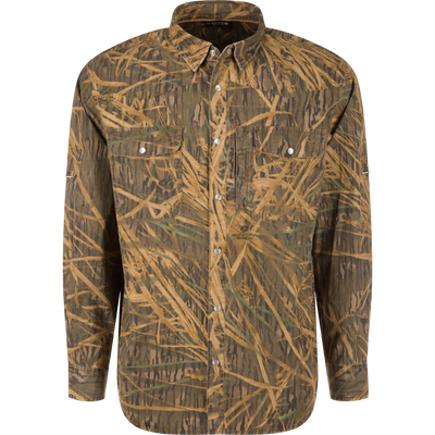 Cinco Ranch Western Solid Acid Wash Long Sleeve Shirt with reed camouflage pattern, snap closures, chest pockets, and hidden collar, suitable for outdoor and casual wear.