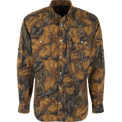 Cinco Ranch Western Solid Acid Wash Long Sleeve Shirt in fall foliage print, featuring snap buttons, chest pockets, pointed collar, and adjustable cuffed sleeves.