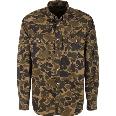 Cinco Ranch Western Solid Acid Wash Long Sleeve Shirt, featuring a camouflage pattern, snap closures, chest pockets, and roll-sleeve tabs, displayed on a mannequin.