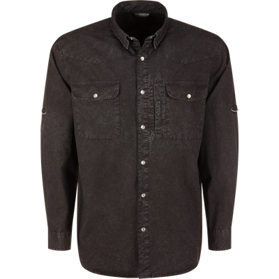 Cinco Ranch Western Solid Acid Wash Long Sleeve Shirt with pearl snaps, flap chest pockets, and vented back cape, showcasing a worn-in style and practical features.