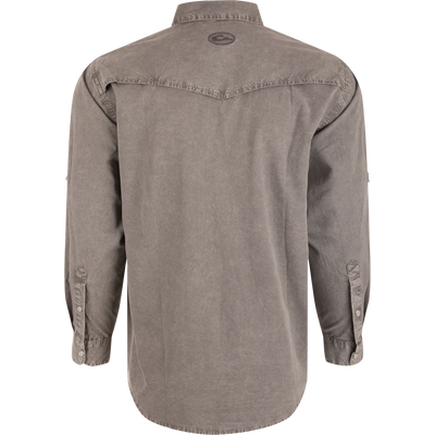 Rear view of Cinco Ranch Western Solid Acid Wash Long Sleeve Shirt, showcasing its vented western back cape, faux pearl snaps, and adjustable roll-up sleeves.