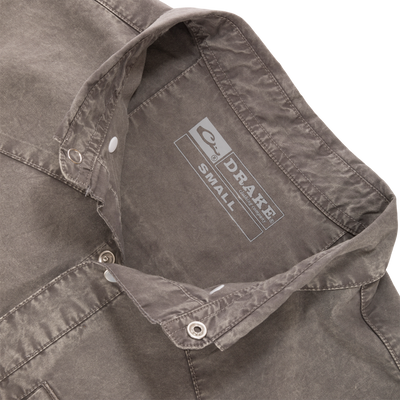 Cinco Ranch Western Solid Acid Wash Long Sleeve Shirt, inside-out view showing collar, metal snap buttons, and “DRAKE clothing company” label in small size.