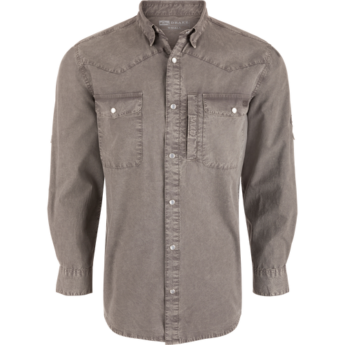 Cinco Ranch Western Solid Acid Wash Long Sleeve Shirt on mannequin, featuring snap-front closure, point collar, vented back cape, and dual flap pockets with Magnattach closure.