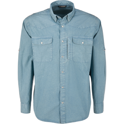 Cinco Ranch Western Acid Wash Shirt on mannequin with point collar, snap chest pockets, and faux pearl snap buttons, embodying casual and functional style.
