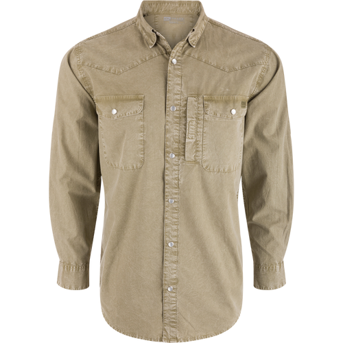 Cinco Ranch Western Solid Acid Wash Long Sleeve Shirt features a Western yoke, snap-front, chest pockets, roll-up sleeves, and scalloped hem, ideal for versatile wear.
