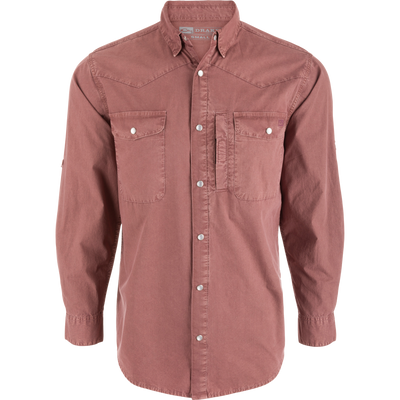 Cinco Ranch Western Solid Acid Wash Long Sleeve Shirt with Western yoke, pearl snaps, dual chest pockets, displayed on a mannequin, showcasing classic Western styling.