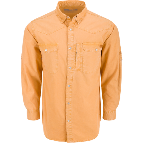 Cinco Ranch Western Solid Acid Wash Long Sleeve Shirt with western yoke, faux pearl snaps, and chest pockets, ideal for versatile casual or outdoor wear.