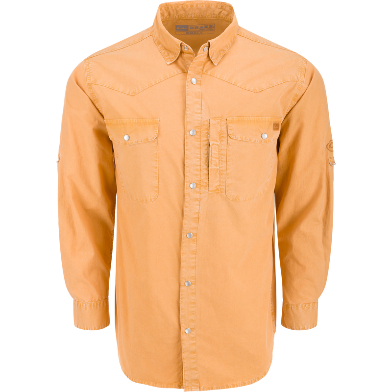 Cinco Ranch Western Solid Acid Wash Long Sleeve Shirt with western yoke, faux pearl snaps, and chest pockets, ideal for versatile casual or outdoor wear.