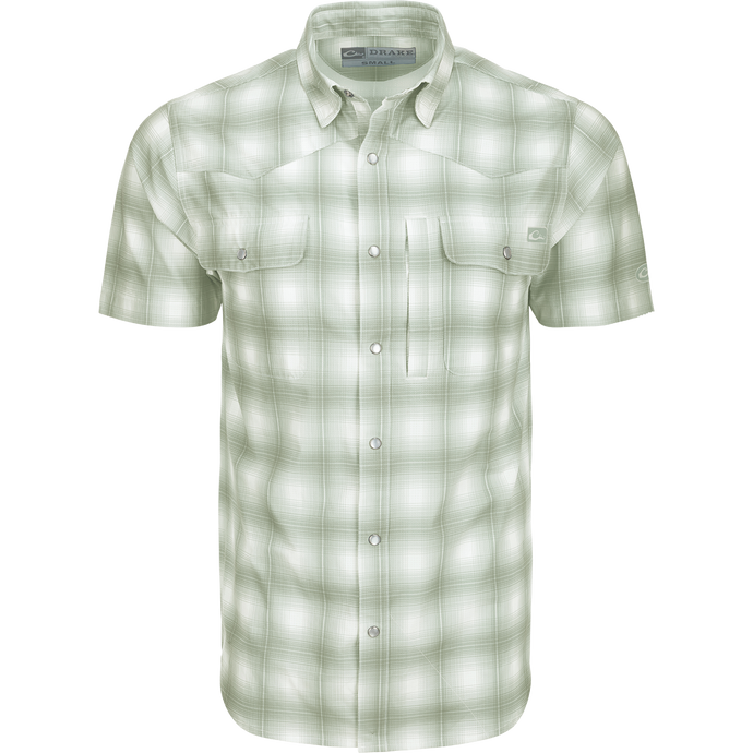 Cinco Ranch Western Plaid Shirt: A lightweight, moisture-wicking shirt with micro-mesh for natural cooling. Features include a hidden button-down collar, vented Western back, and two chest pockets with Magnattach closure. Perfect for hunting, fishing, or casual wear.