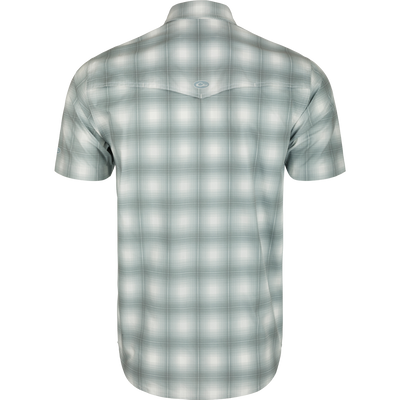 Cinco Ranch Western Plaid Shirt - Back view of a lightweight, moisture-wicking shirt with a hidden button-down collar and vented Western back. Features micro mesh for natural cooling and UPF 30 sun protection. Perfect for hunting, fishing, and outdoor activities.