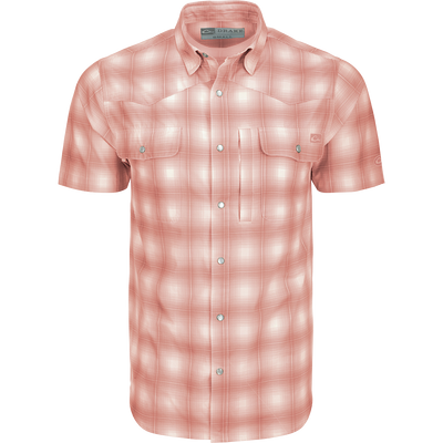 Alt text: Drake Cinco Ranch Western Plaid Shirt S/S with micro-mesh, faux pearl snaps, and vented back for hunting and outdoor activities.