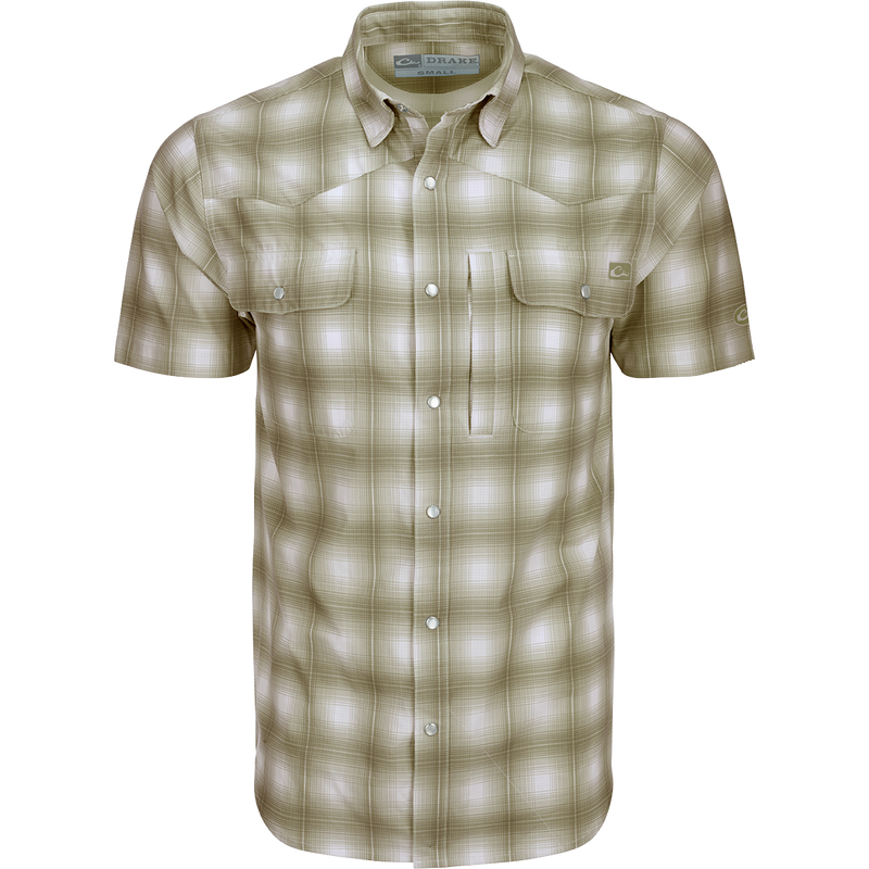 Cinco Ranch Western Plaid Shirt: A lightweight, moisture-wicking shirt with micro-mesh for natural cooling. Features include UPF 30 sun protection, hidden button-down collar, and two chest pockets with Magnattach closure. Perfect for hunting and fishing.