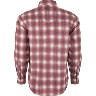 Cinco Ranch Western Plaid Long Sleeve Shirt, featuring a western back cape and two snap chest pockets, showcasing its intricate red and white plaid pattern.